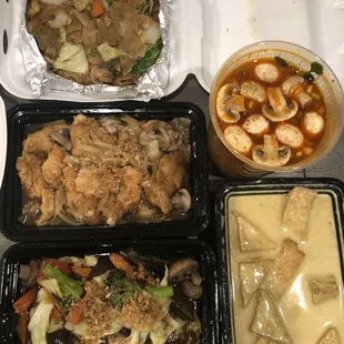 -Pad See-Ew with vegetables  -ginger fish -garlic eggplant with vegetables  -Tom Yum Soup with tofu -Yellow Curry with tofu