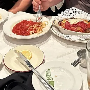 Chicken Cacciatore (left) Lasagna (right) Noodles with marinara sauce