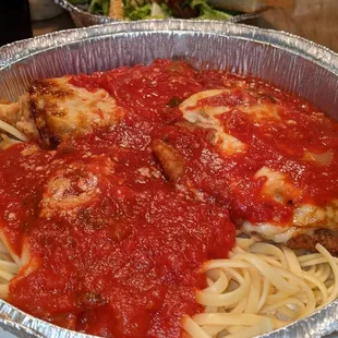 Chicken breast, eggplant, linguine and salad
