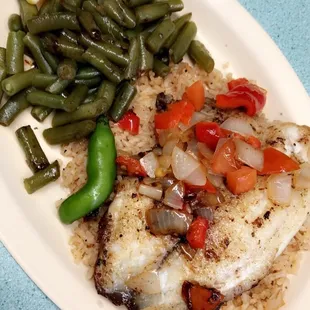 Grilled Talapia, rice and green beans.