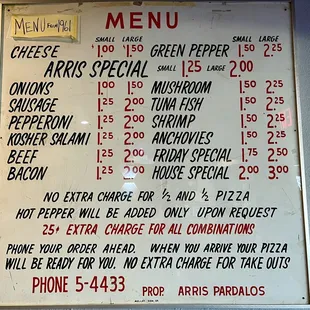 Original menu from 1961