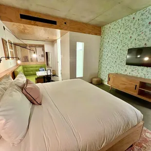 The bed frame and table were wobbly. There's no coffee maker in the room either.