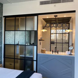Bed and restroom view