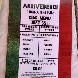 Kids menu at arrivederci