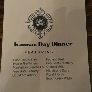 Kansas Day dinner menu