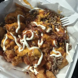 Pulled pork tater tot nachos - cheese, bacon bits, sour cream.