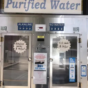 RO and Alkaline water Vending machine. You can pay with cash or using PayRange App. We sanitize the vending machine daily to keep it clean.