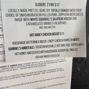 Menu for the day at White Squirrel in Bowling green, ky