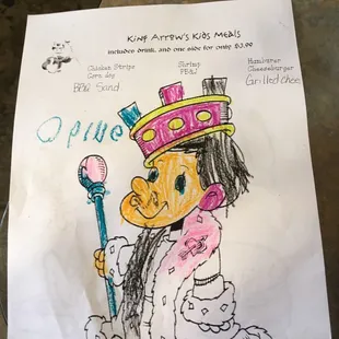 King Arrows kids meals come with an entree, side, drink, and a color sheet