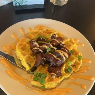 Sticky waffle and pork bites