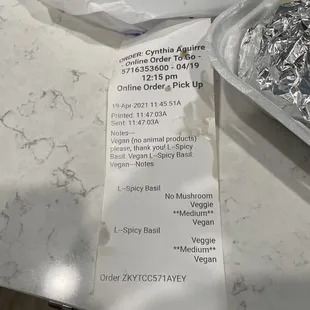 Receipt and incorrect order.