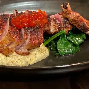 Porcini rubbed heritage pork chop, buckwheat polenta, local spinach and red pepper mostarda