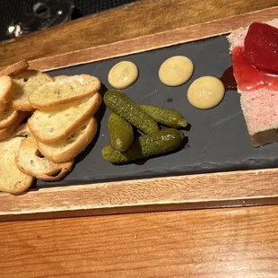 House Made Chicken Liver Pâté: cornichons, dijon mustard, preserves, crostini