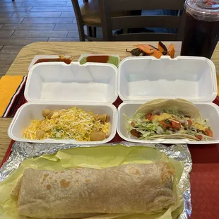 Yummy fish taco, Super shredded chicken burrito.