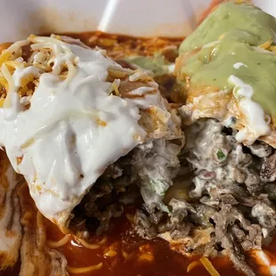 Carne asada wet burrito is filled with a ton of meat!!! It&apos;s basically all meat!