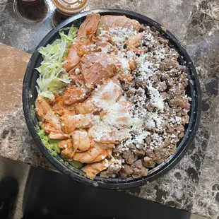 My shredded chicken and steak healthy bowl