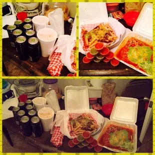 2 large horchata drinks with california burrito, carne asada fries &amp; chimichanga.