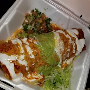 a meal in a styrofoam container