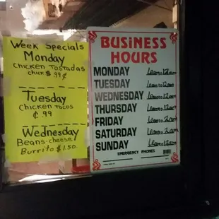 Hours and specials