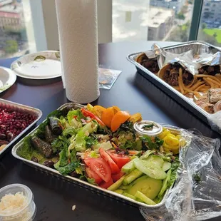 Salad, pomegranate, desert, gyros, fries, and more