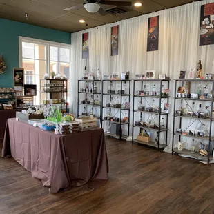 a display of art and craft items