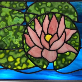 Custom multi textured stained glass- Pink water lily over lily pads