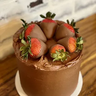 Strawberry Cake enrobed in Chocolate Buttercream