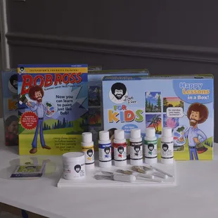 We have the new Bob Ross for Kids kits in stock! Discount pricing and can be picked up of shipped from Art Party Unlimited.