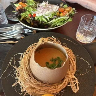 Lobster bisque and Greek salad