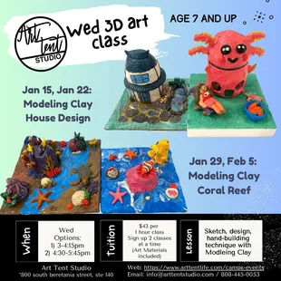 Join us to explore 3d art in our studio!
Jan 19 and Feb 5- Modeling clay coral reef project.
