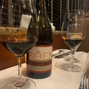 a bottle of wine and two glasses of wine