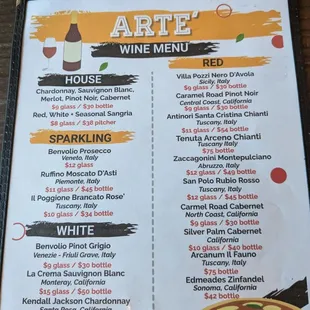 Wine menu; House Pinot Noir is nice with the pasta dishes.