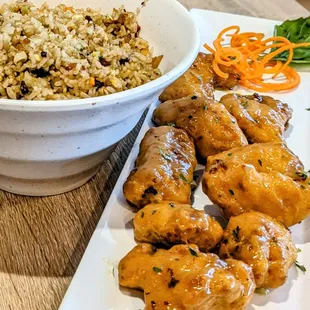 Applewood bacon fried rice, glazed chicken bites