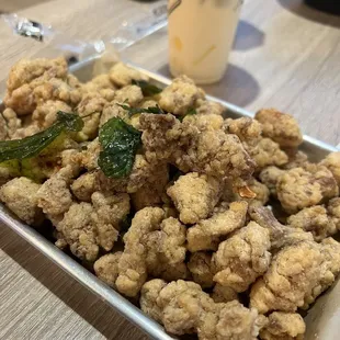 Popcorn chicken, no sweet chili dipping sauce available