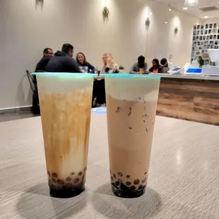 Brown sugar boba latte &amp; Hokkaido milk tea with oreo &amp; sea cream (boba add-on)