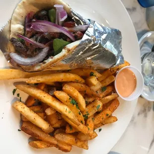 lamb gyro sandwich with fries