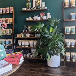 a display of teas and plants