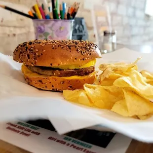 Sausage Egg and cheese Everything Bagel
