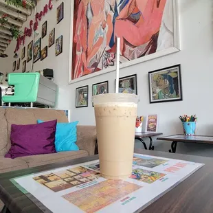 a coffee cup on a table in a living room