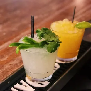 The margaritas are great! Savory on the left and fruity on the right.