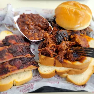 Baby backs, burnt ends open faced, the 3b &amp; baked beans.