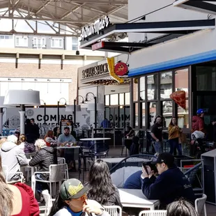 Plenty of seating in the Bay Break Terrace, includes couches, fire pits, and heaters.