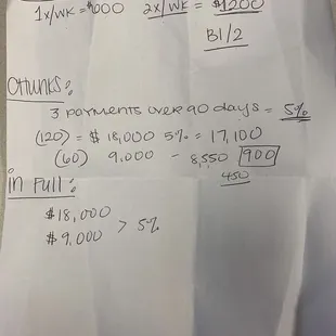 This is the &apos;price list&apos; I was given. Handwritten and questionable math.