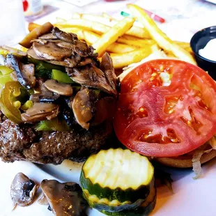 Authur burger with added sauteed mushrooms, peppers &amp; jalapenos