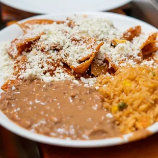 Chilaquiles  and rice and beans