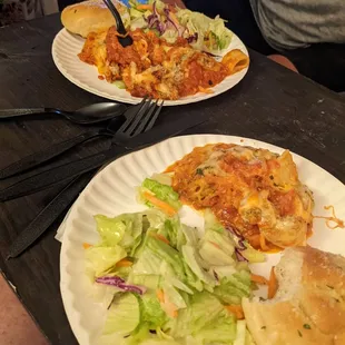 Lasagna, salad and yummy bread