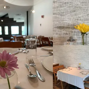 a table setting and a flower in a vase