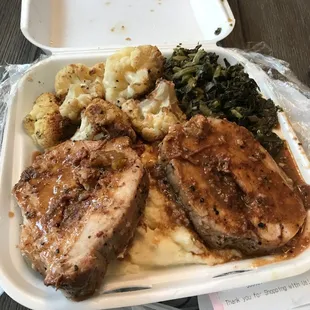 Boudin stuffed pork loin, Califlower and greens. UNBELIEVABLE