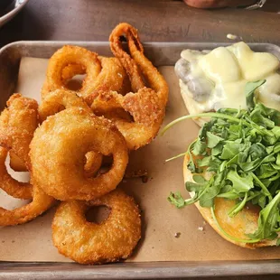 Musket Burger &amp; onion rings