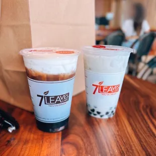 Sea cream black coffee / $4.60 (regular) + Taro milk tea / $4.60 (regular), w/ custard pudding / $0.70 &amp; honey boba / $0.70